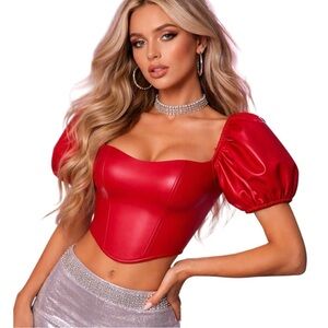 Red Corset Vegan Leather Top Small Puff Sleeve Boned Zip Back